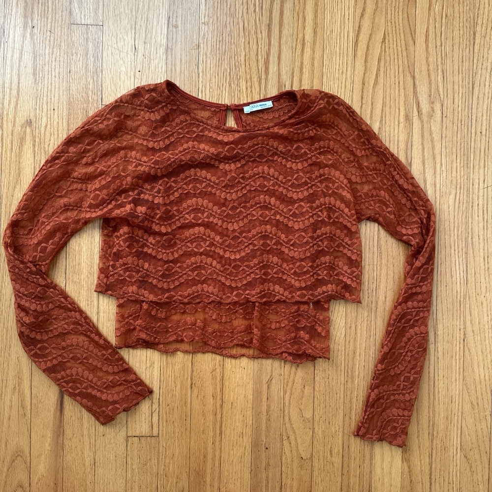 ZARA Trafaluc Rust Orange Sheer Long Sleeve Top